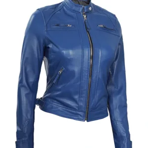 Women Blue Diamond Cafe Racer Real Leather Jacket