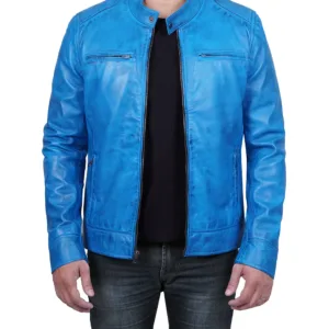 Dodge Cafe Racer Blue Leather Jacket Men