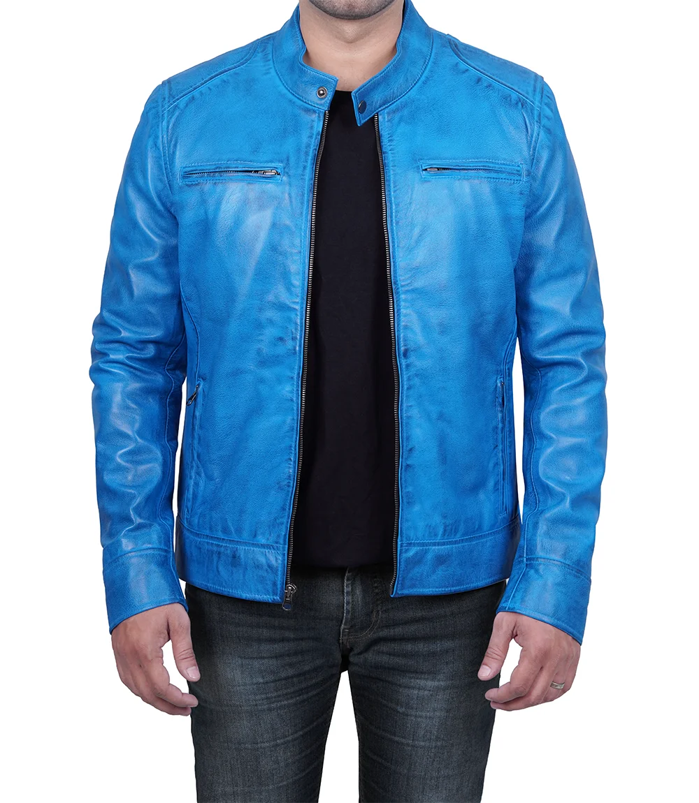 Dodge Cafe Racer Blue Leather Jacket Men