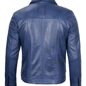 Mens Real Lambskin Leather Blue Trucker Jacket